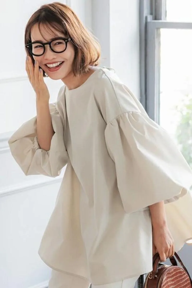 Blusas de manga longa lanterna estilo japonês feminino, camisas soltas vintage primavera-outono, blusa elegante de cor sólida