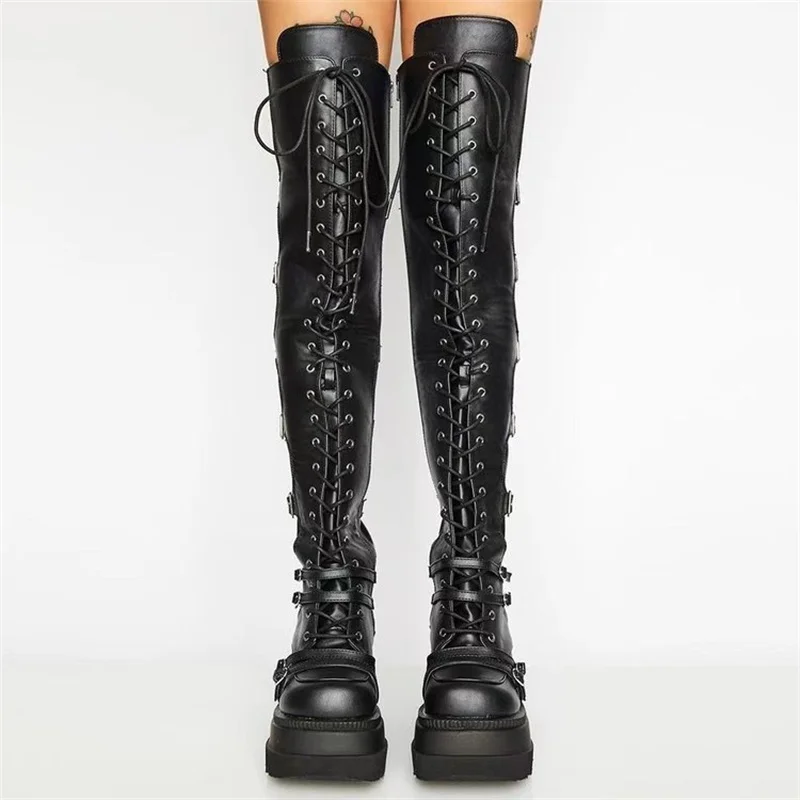 Autumn and Winter 9.5cm Thick Soled Women's Boots with Sloping Heels Over The Knee Boots Dark and Stylish Boots Plus Size 35-43
