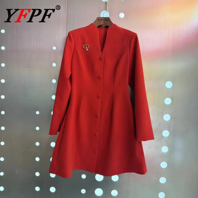 

YFPF Fashion Solid Color A Line Dress Women's V Neck Long Sleeve Button Gathered Waist Party Elegant Dresses 2026 Spring New