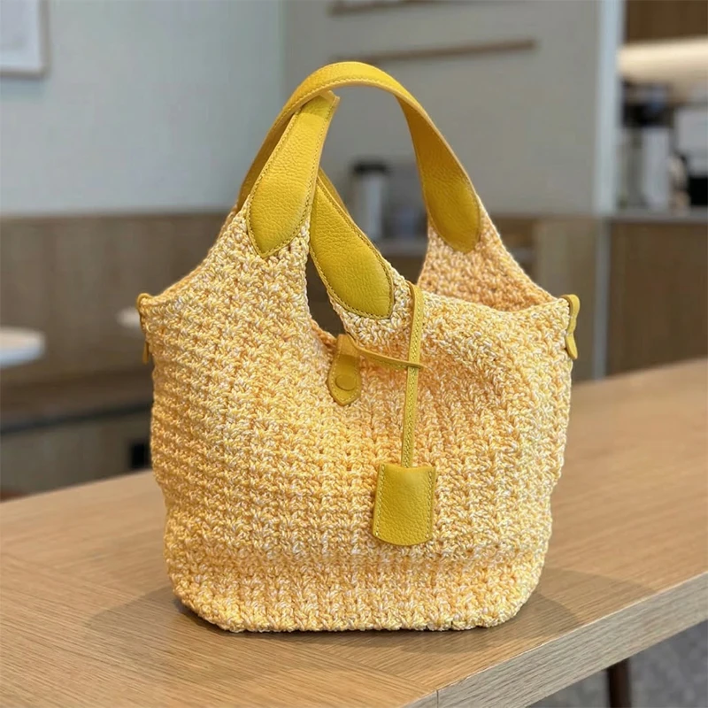 

NEW Woven Crocheted Tote Bag for Women, Dopamine Yellow Large Capacity Handbag, Textured Casual Ins Style Shoulder Purse
