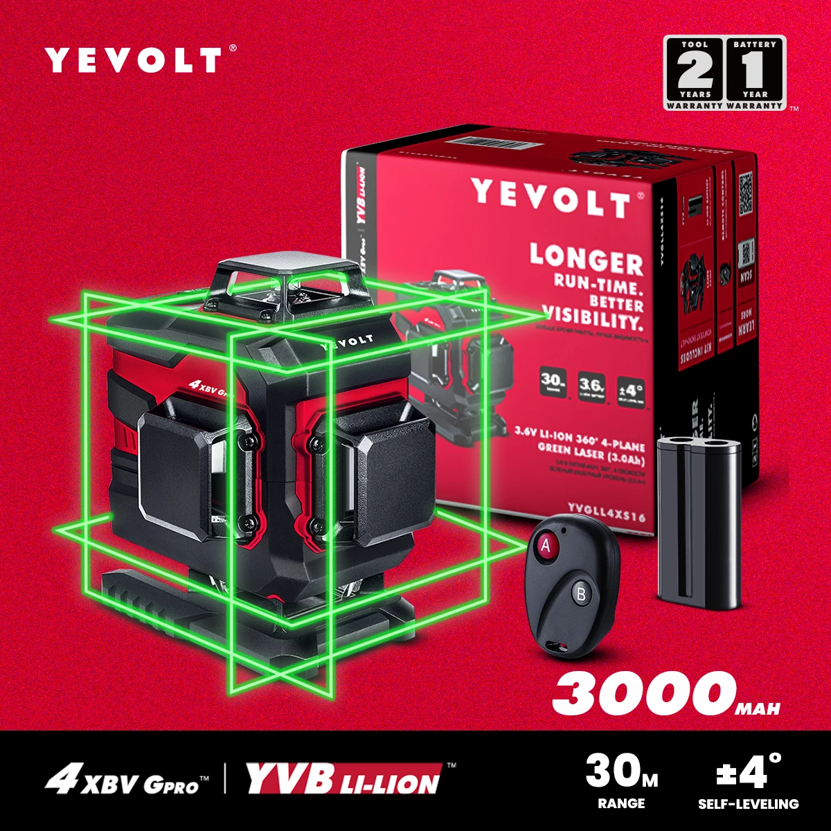 YEVOLT YVGLL4XS16 16 Lines 4-Plane Green Laser Level Tools 4D with 3000mAh Power Self-Leveling Machine Horizontal & Vertical