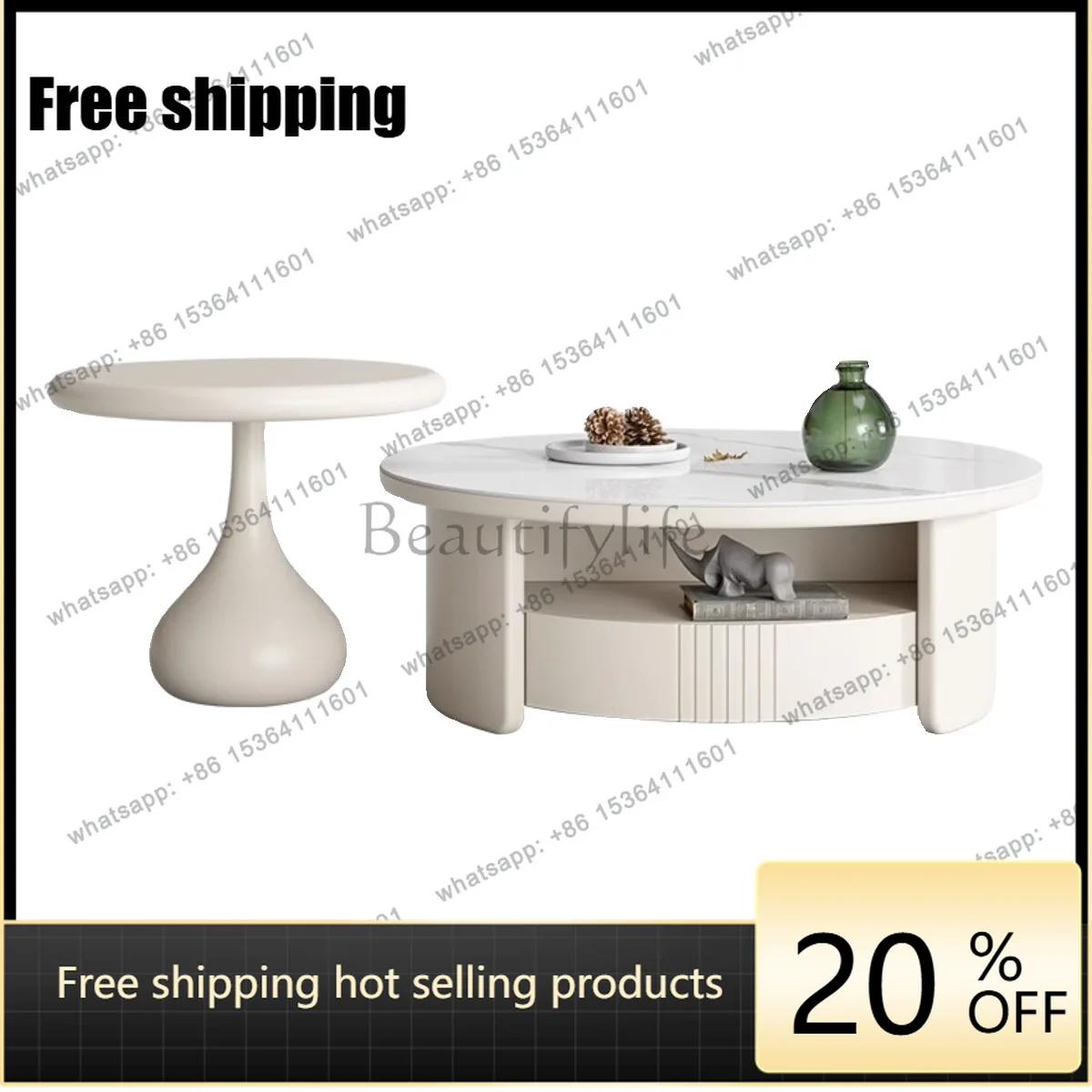 XX cream wind coffee table size round household living room simple modern small apartment rock slab light luxury