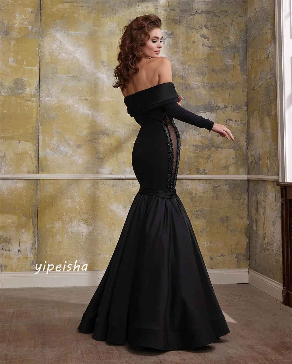 Exquisite Sparkle Customized Jersey Beading Draped Pleat Beach Mermaid Off-the-shoulder Bespoke Occasion Gown Long Dresses