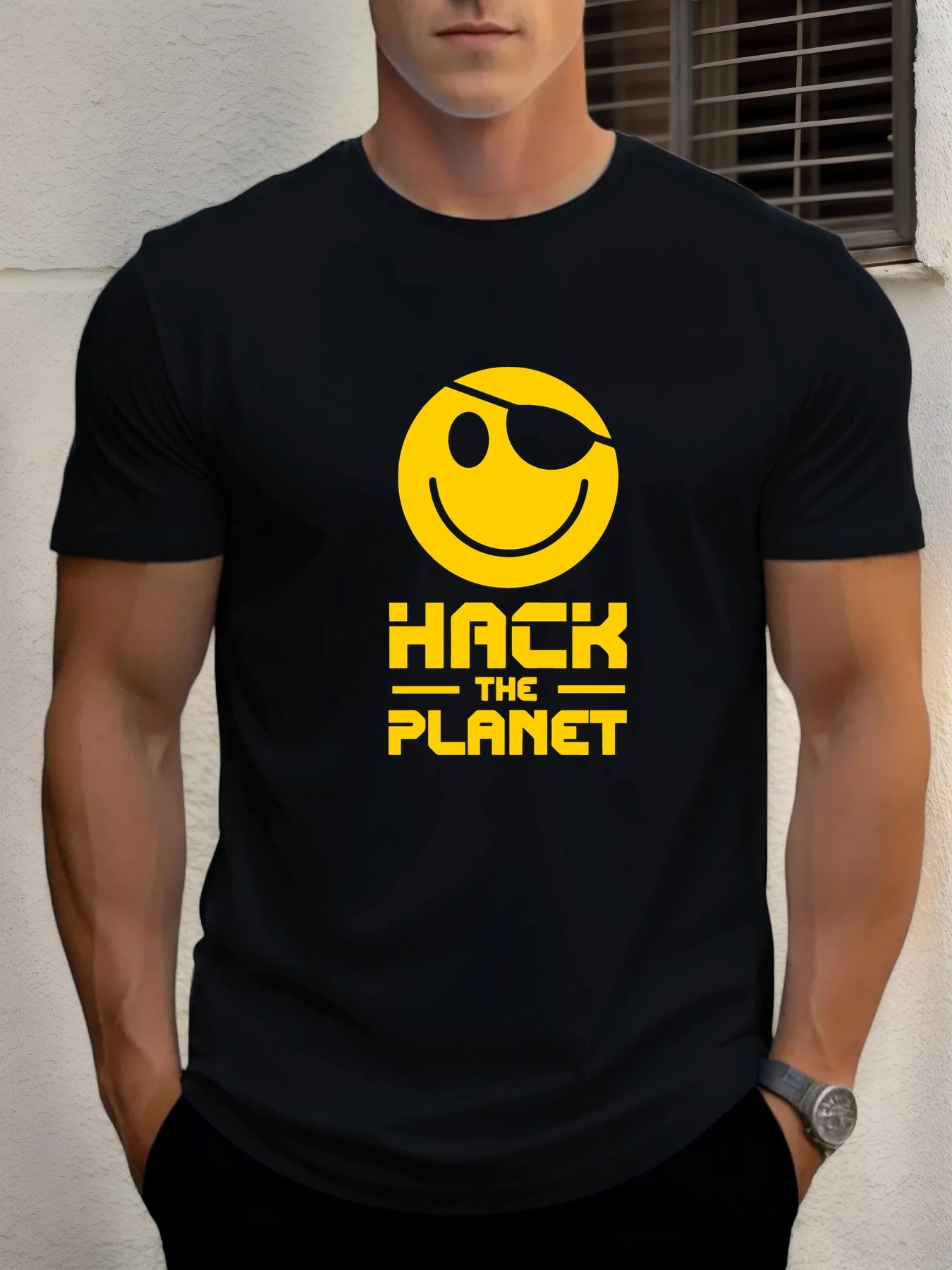 

Men's cotton T-shirt, summer round neck short sleeves, HACK THE PLANET printed breathable streetwear fashion cool T-shirt