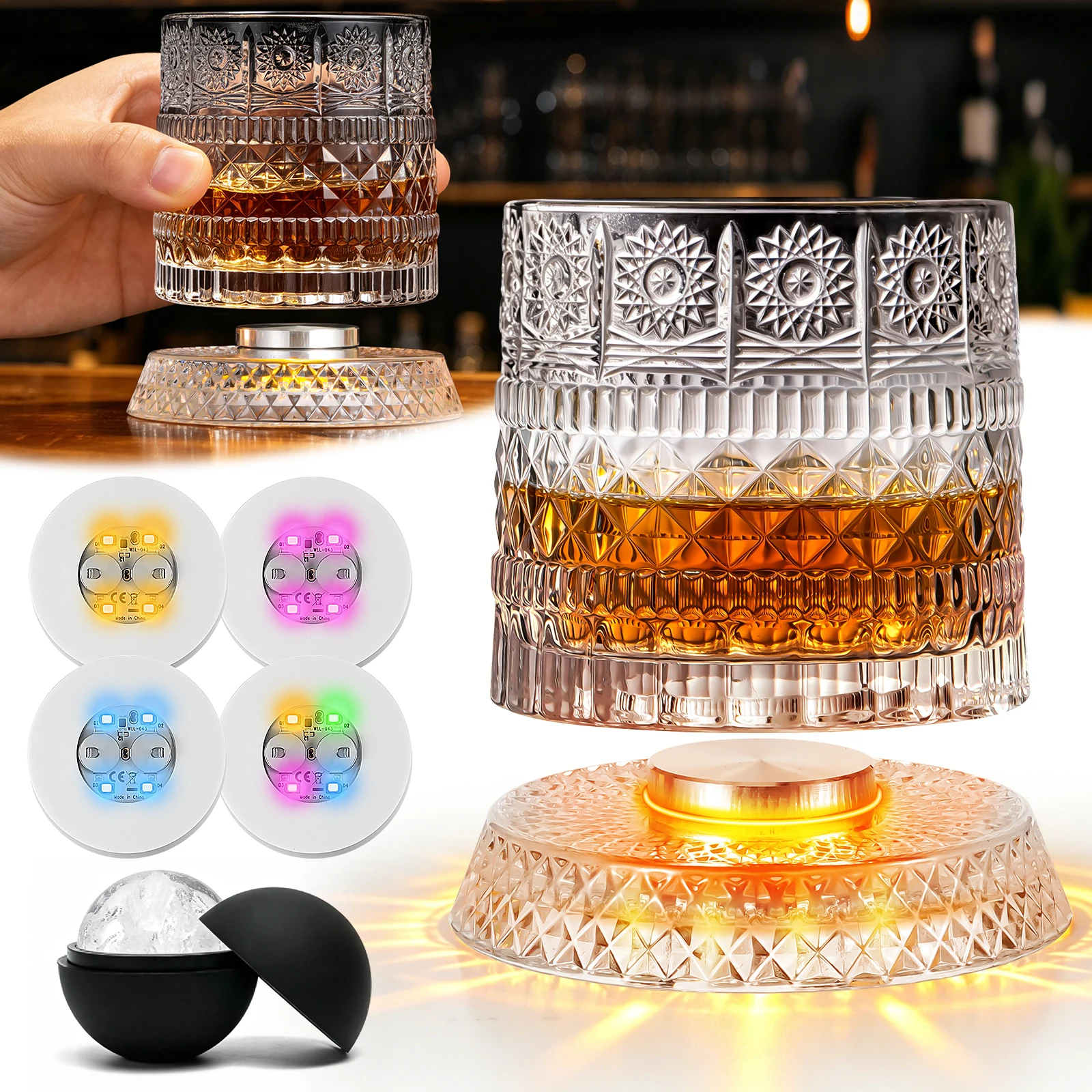 Spinning Whiskey Glasses Set with 4 LED Light & Ice Molds, 9.5oz Unique 360 Degree Rotating,Anti-slip Weighted,Ideal for Bourbon Scotch Old Fashioned,Gift for Whiskey Lovers (Flower Diamond)