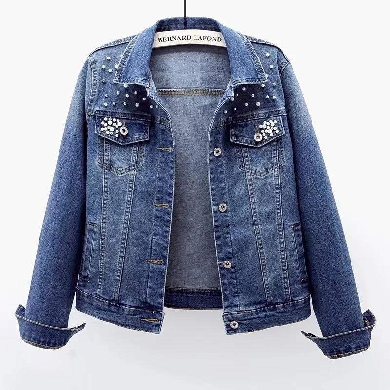 

2024 New Spring Autumn Women's Denim Jacket Long Sleeve Overcoat Loose Jeans Jackets Button Pearls Female Outwear Korean Coat