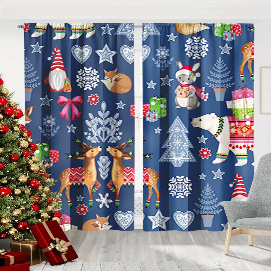 2PCS Christmas Winter Curtains, Cartoon Gnome Fox Rabbit Bear Reindeer Blue, Digital Print, Bedroom Living Room, Home Decor
