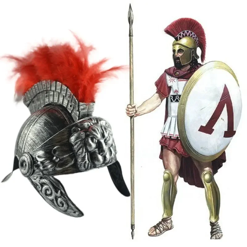 Vintage Spartan Helmet Plastic Warrior Hat Medieval Roman Lion Feathered Hat for Cosplay Halloween Party Accessory