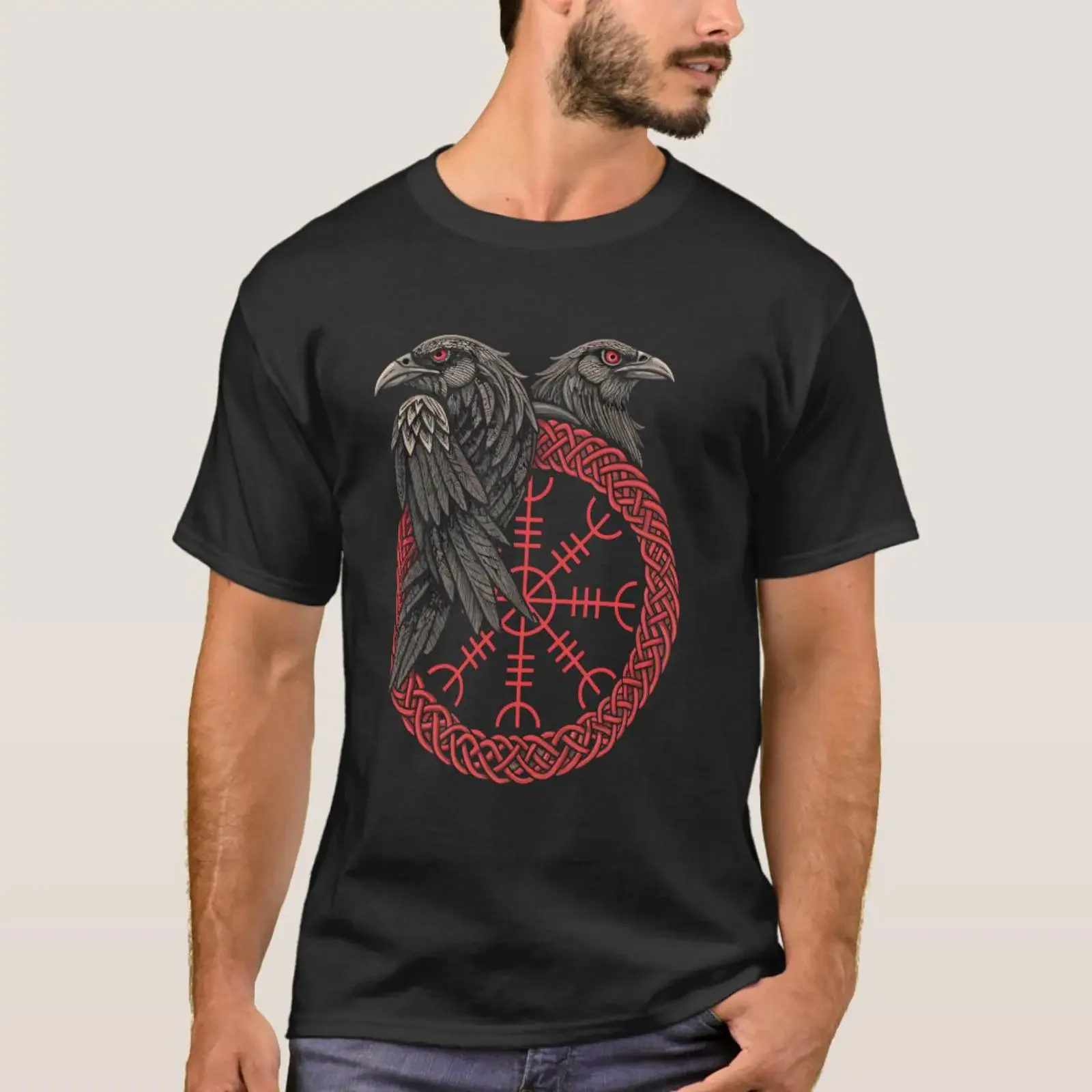 Aegishjalmur Viking Symbol Huginn Muninn Nor T-Shirt im Vintage-Stil, gewaschenes, dehnbares Oberteil für den Alltag, Streetwear, bequem