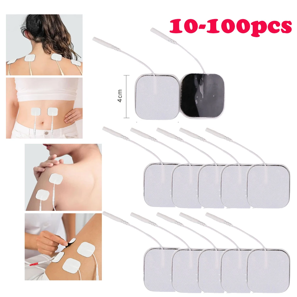 

10-100 шт. гелевые подушечки для стимулятора мышц, сменные самоклеящиеся электродные подушечки, проводящий патч для машины TENS, 4*4 см, отверстие 2,0 мм