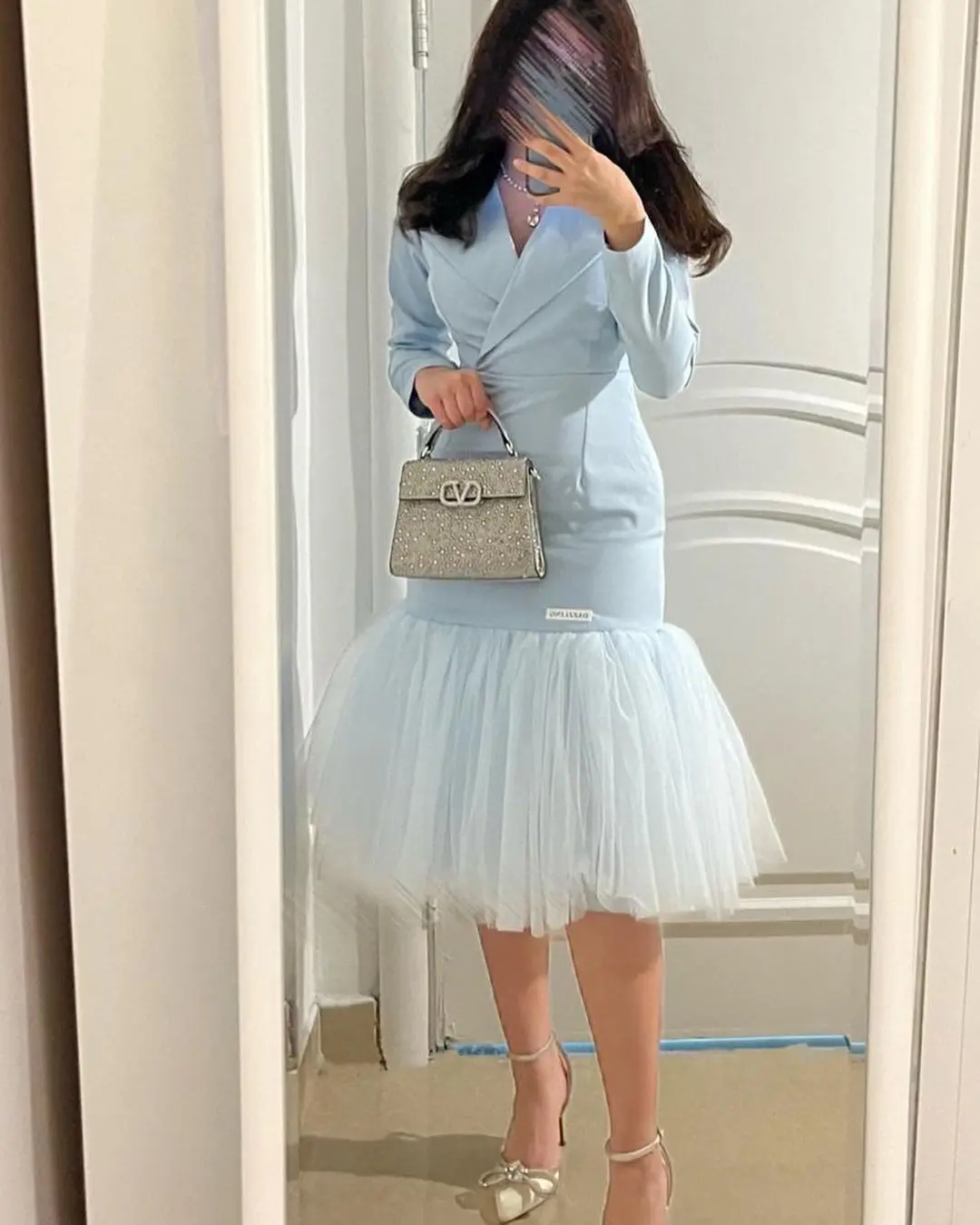 

Fashion Vintage Sweet Blue Evening Dresses Elegant Sequins Ruffle A-Line Prom Dresses Mermaid Wedding Party Dresses Saudi Arabia