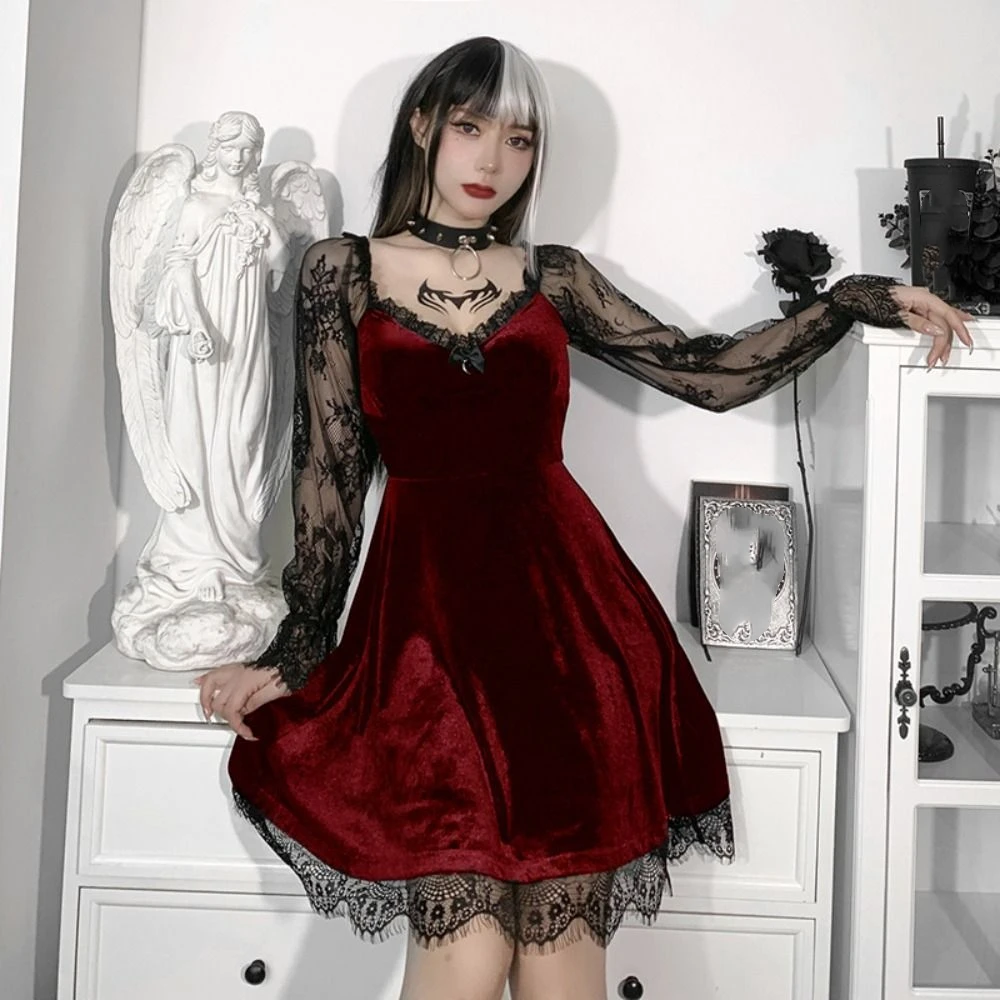 

Transparent Long Sleeve Ruffle Mini Dress Patchwork Vintage Lace Trim Bodycon Dress Flocking Streetwear Velvet A-line Skirt