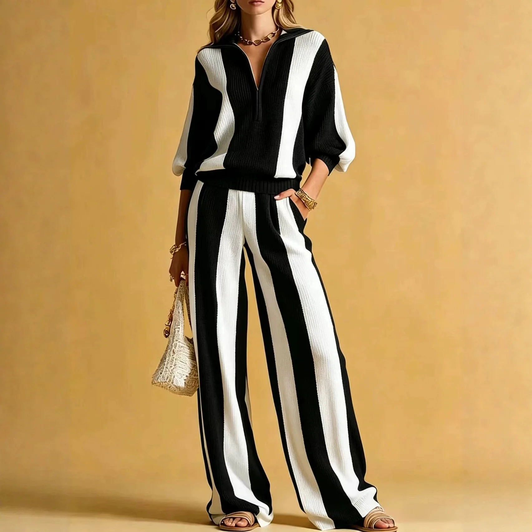 Womens's Contrast Stripe Knit Matching Set Quarter Zip Collar 3/4 Sleeve Pullover High Waist Pocket Wide Leg Pants Streetwear