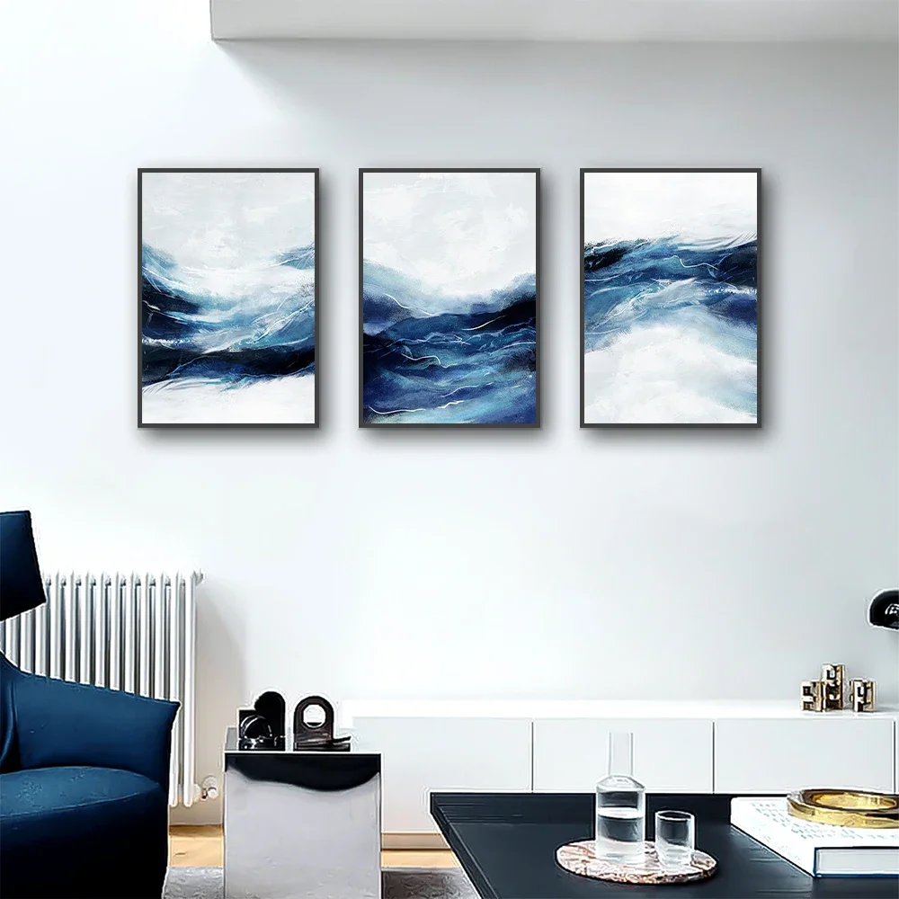 

3-pcs Abstract White Black Blue Wave Poster Canvas Print Painting Wall Art Posters Bedroom Living Room Decoration Ideal Gifts