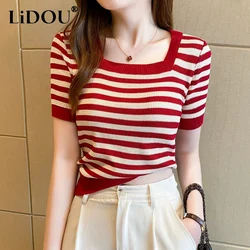 Summer New Round Neck Short Sleeve T-shirt Women Striped Contrast Color Ice Silk Fabric Pullovers Sweet Thin Style Knitting Tee