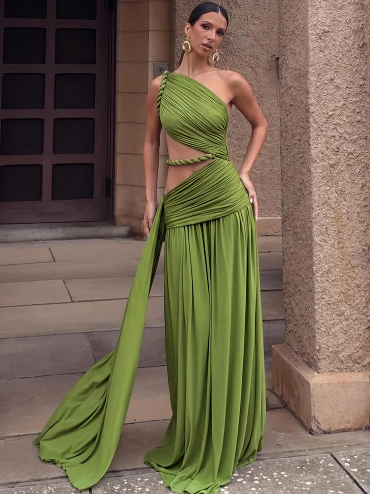 Nibber Skew Collar Sexy Rope Patchwork Dress Women Fashion Hollow Ruched Ribbon Sleeveless Elegant Vacation Party Long Bodycon