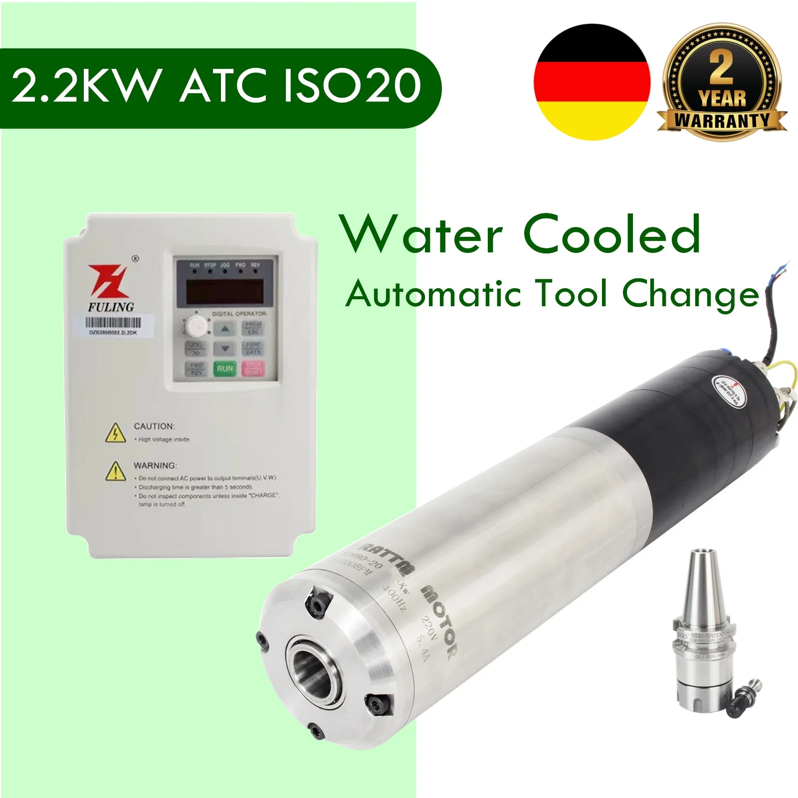 【EU Stock】CNC 2.2W 220V ATC Spindle Motor ISO20 80mm Permanent POWER Water Cooled Spindle+2.2KW Inverter For CNC Router Machine
