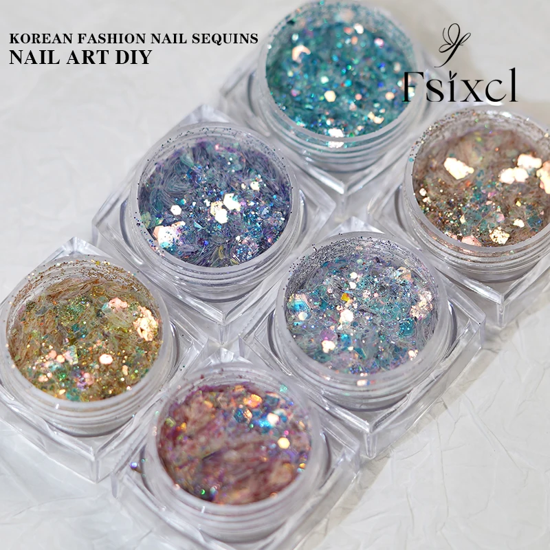 

FSIXCL 6 Pcs/Box Mixed Hexagon Sequins Nail Glitter Powder Set Sparkle Pigment for Professional Nail Art Decoration Manicure Kit