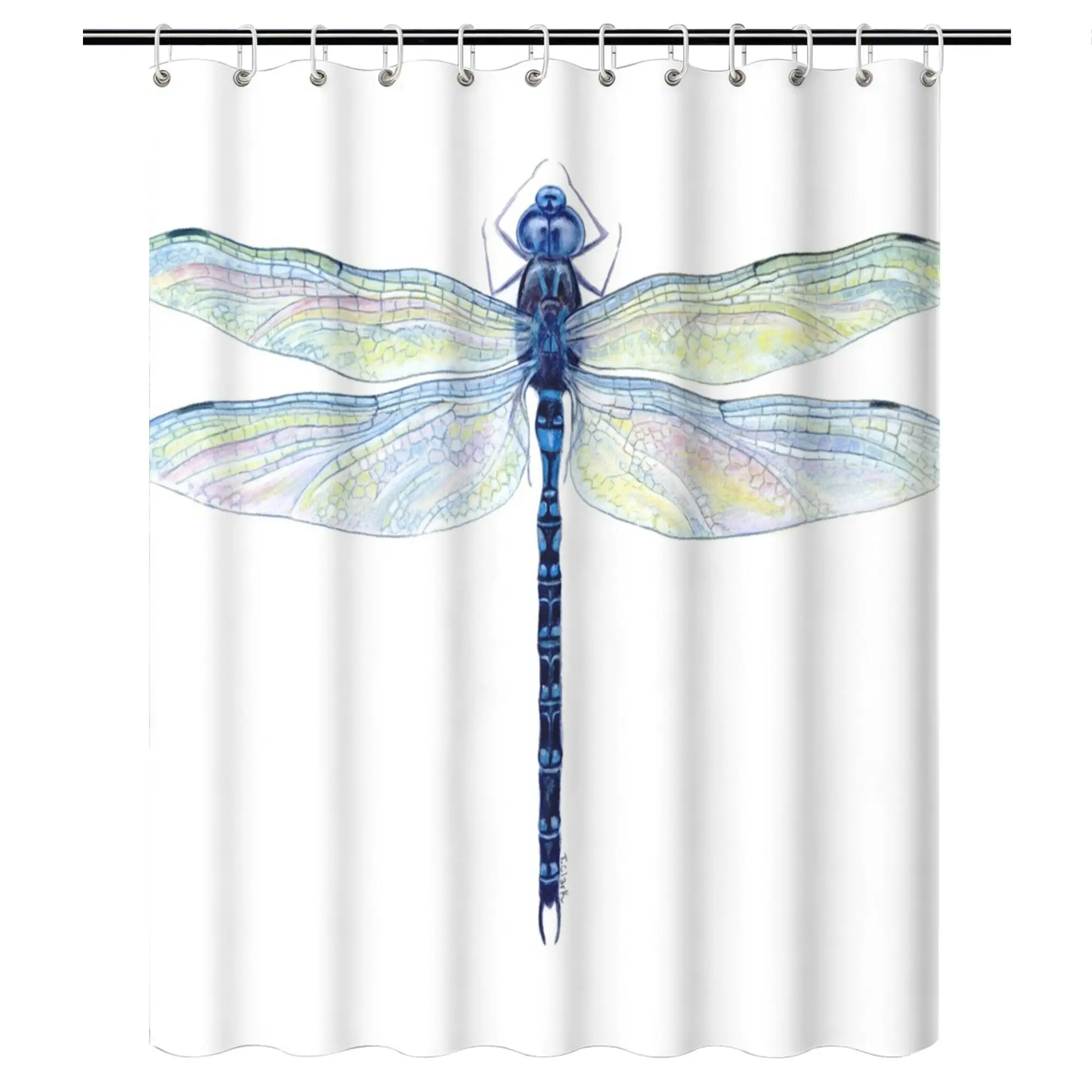 Watercolor Dragonfly Shower Curtain Spatterdock-Inspired Blue & Pastel Wings on White Background Polyester Nature Decor