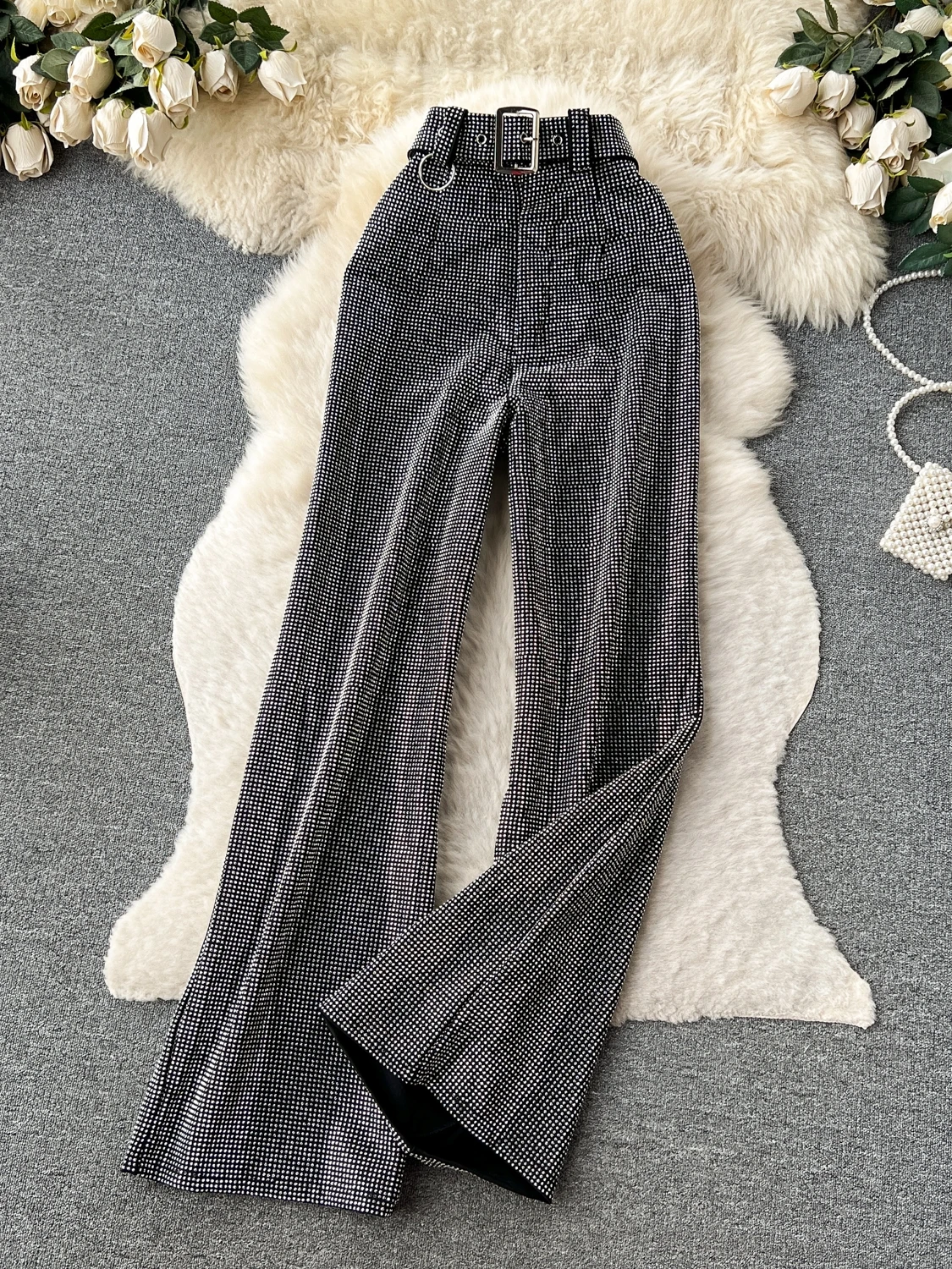 بنطلون طويل واسع الساق مزين بالأحجار اللامعة للنساء، فضفاض ونحيف، بتصميم أنيق وطويل يصل إلى الأرض، مناسب للعمل، بخصر عالٍ #1