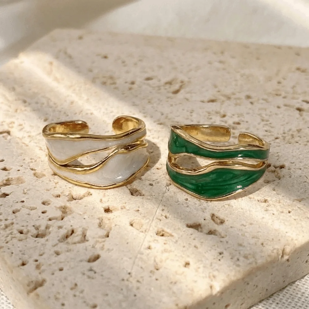 Vintage Vintage Style Adjustable Ring White Color Irregular Shape Geometric Ring Alloy Enamel Metal Ring Girl