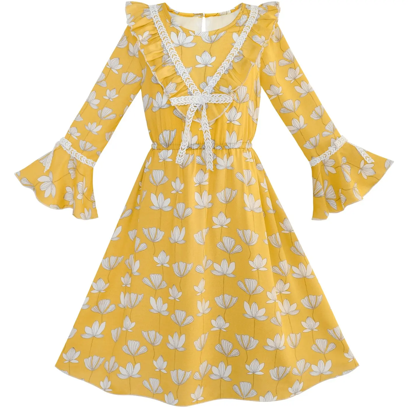 Girls Dress Chiffon Bell Sleeve Floral Elegant Dress