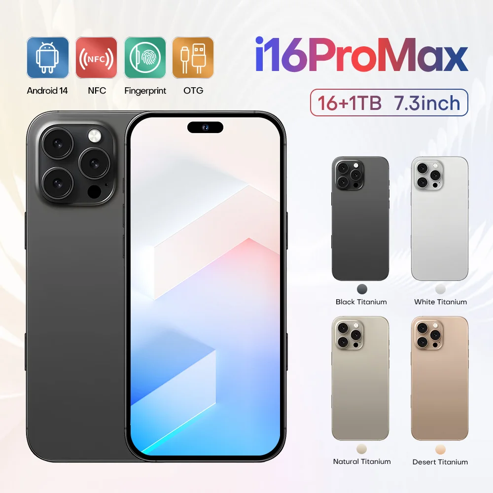 الإصدار العالمي I16 Pro Max الذكي Android، 6.8 بوصة، 16 جيجابايت رام 1 تيرابايت، شريحة مزدوجة، هواتف محمولة، متجر جوجل بلاي، 24+48 ميجابكسل، 6800 مللي أمبير في الساعة