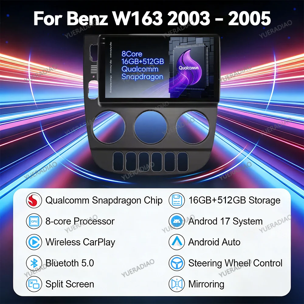Android 17 Car Radio For Mercedes Benz M-Class W163 ML 2003 - 2005 Qualcomm 5G WIFI GPS Wireless Carplay Auto DSP Multimedia BT