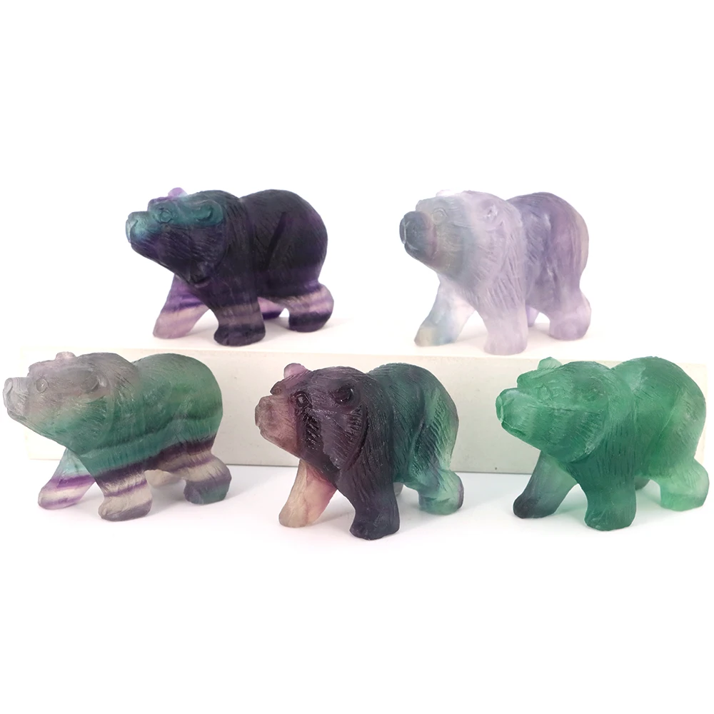 Natural Crystal Bear Figurine Reiki Healing Crystal Rainbow Fluorite Animals Statue Crafts Home Decoration Christmas Present