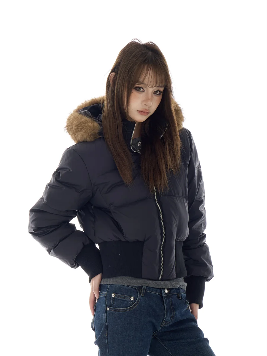 

Tagkita American Retro Detachable Fur Collar ort Women's down Jaet Winter Bla Hooded Thi Warm Outerwear Coat