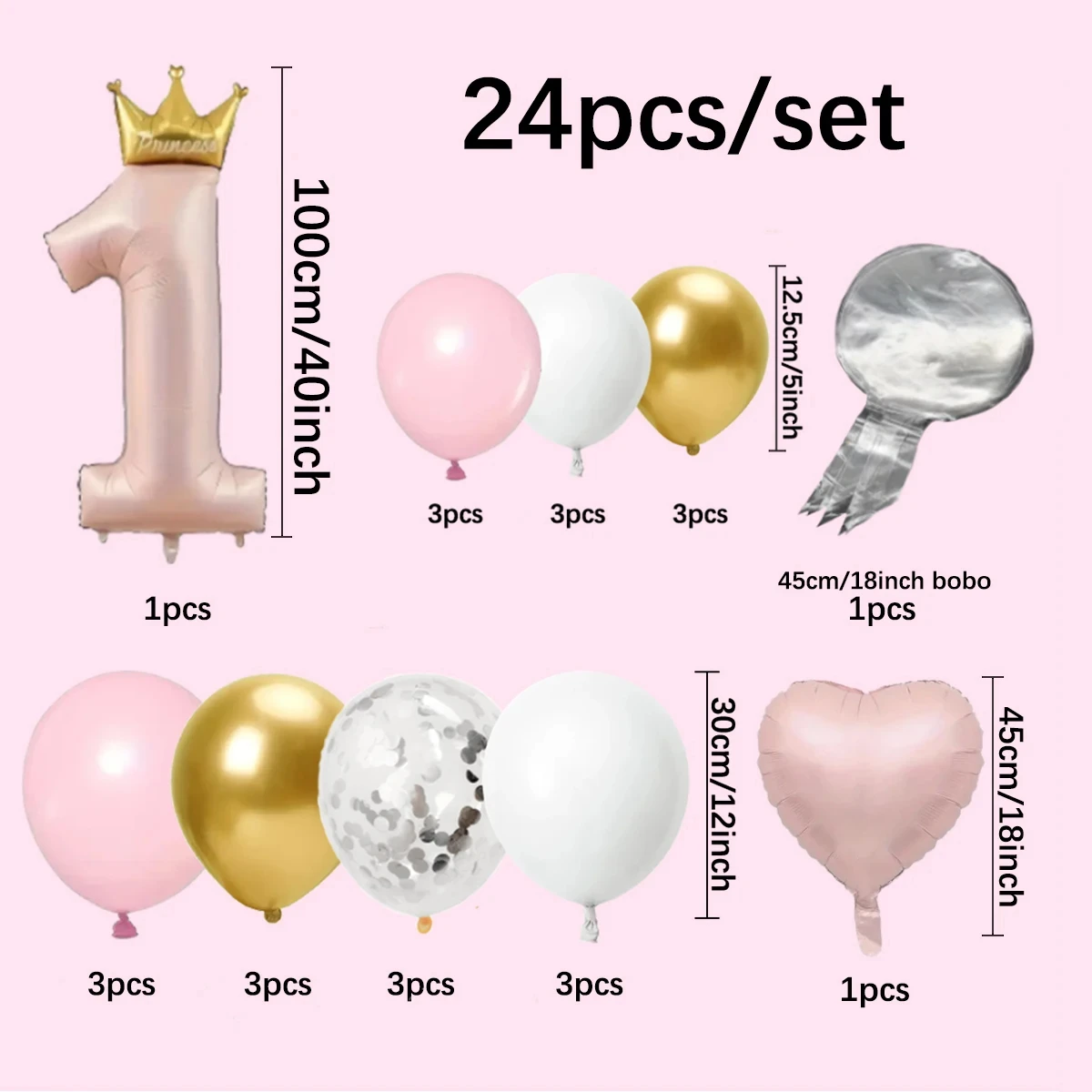 24pcs 1-year-old Crown Aluminum Film Balloon for Boys and Girls Birthday Party, One Year Decoration, Birthday Decoration Balloon