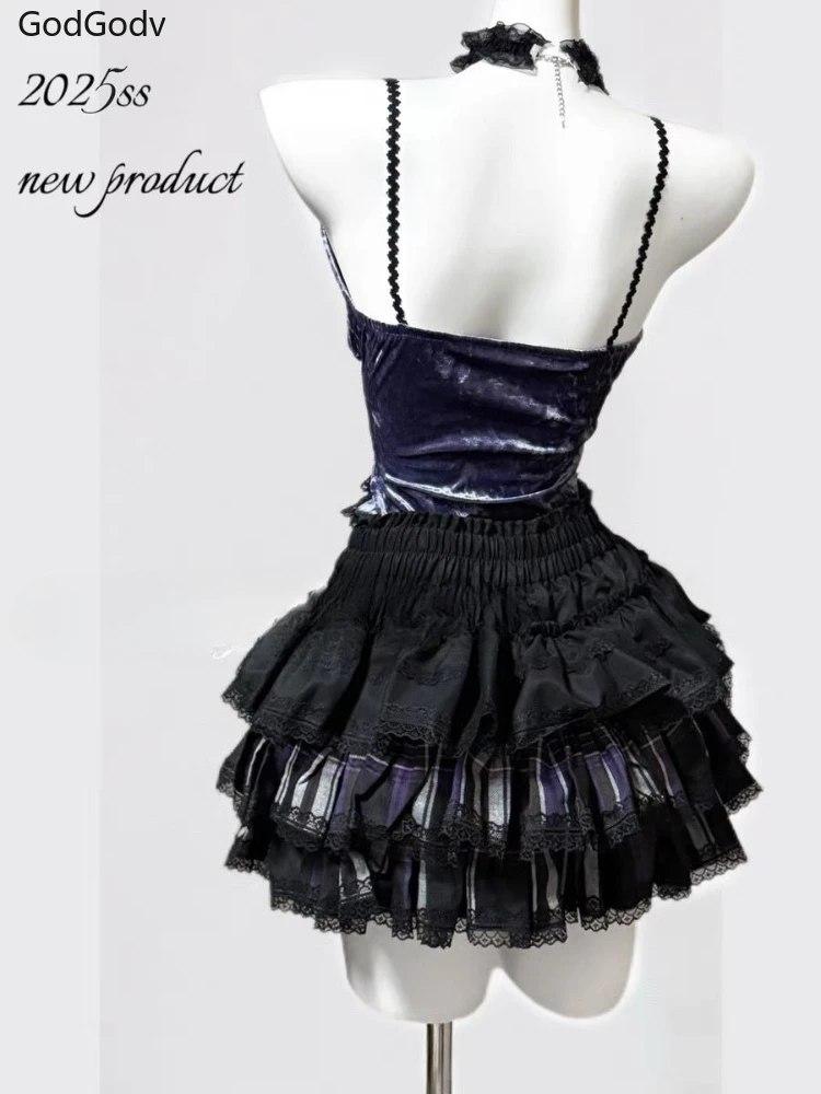 Summer Gothic Vintage Elegant Strap Lace Woman Suit Y2k Lolita Sexy Design Retro 2 Piece Sets Female Korean Style Chic Outfits