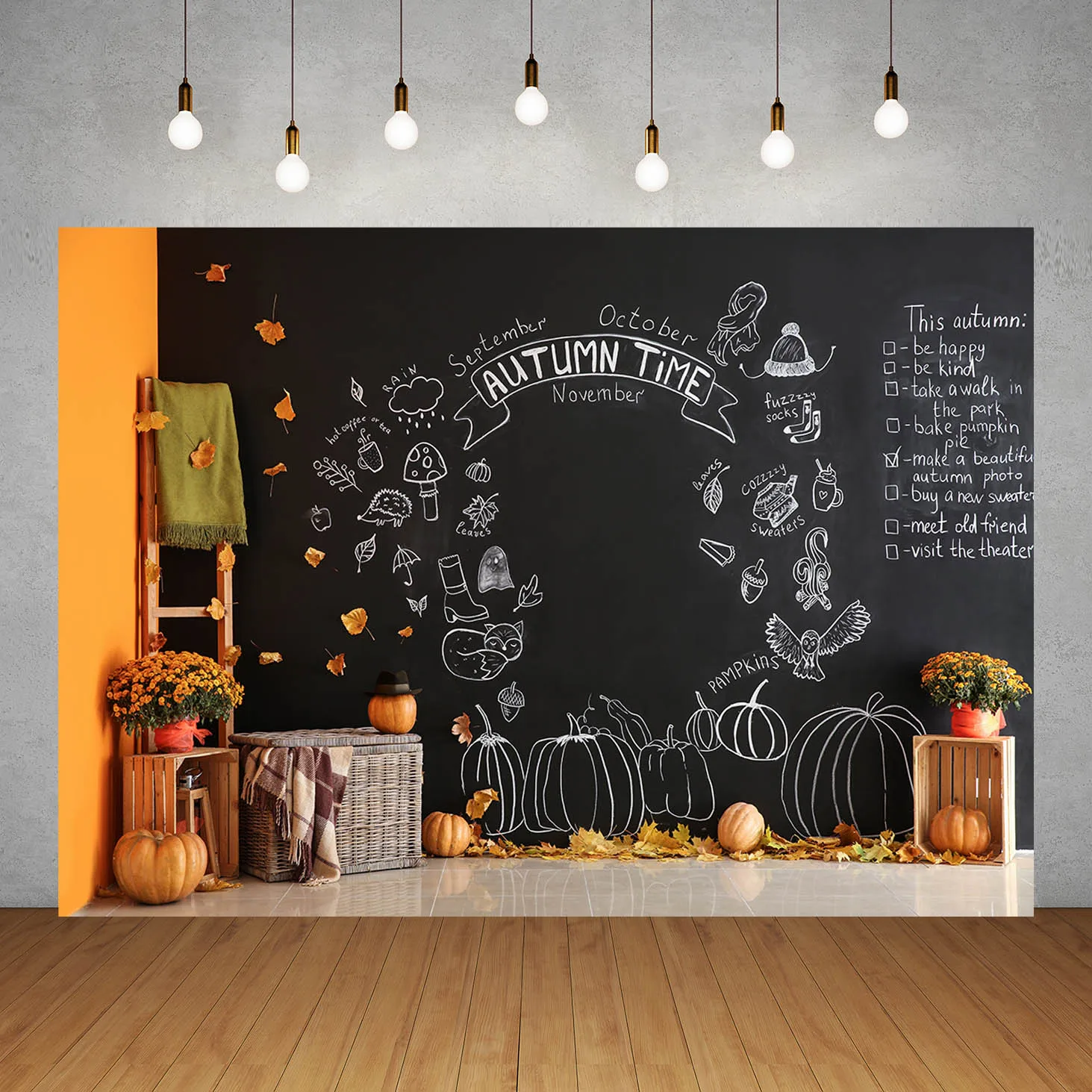 Autumn Halloween Decor Black Board Wall Photography Backgrounds Vinyl Backdrops Photo Studio for Children Baby Family Photoshoot