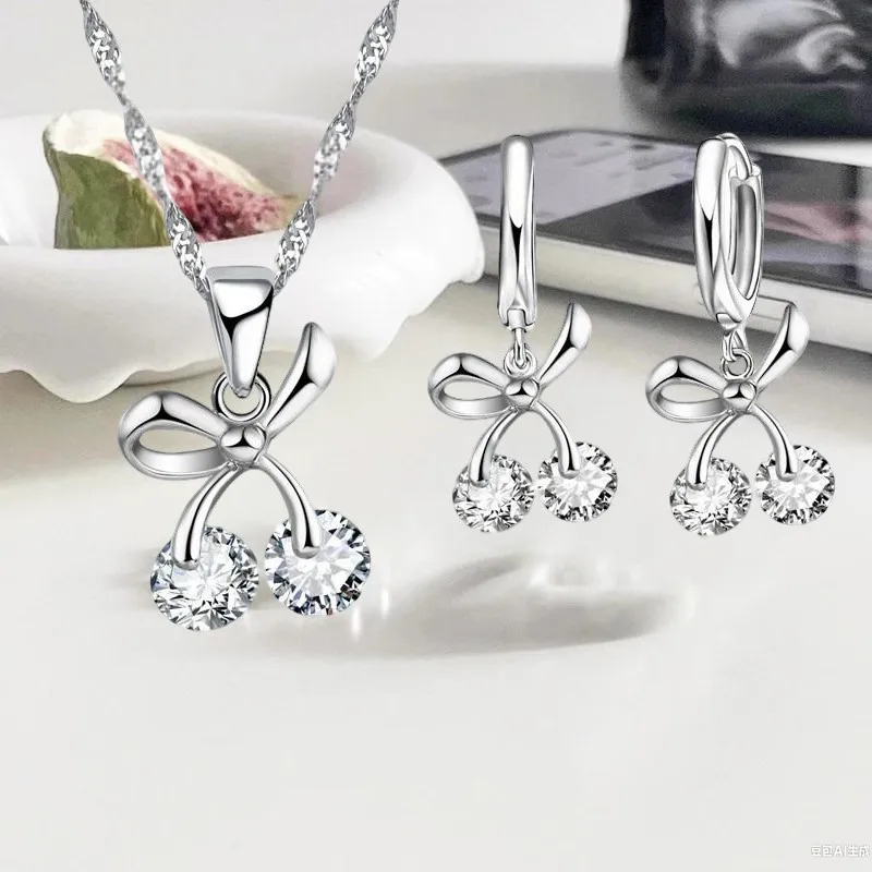 

Fashion Classic Vintage Bow Bridal Jewelry Sets Austrian Crystal 925 Sterling Silver Necklace Pendant Earring Sets Women