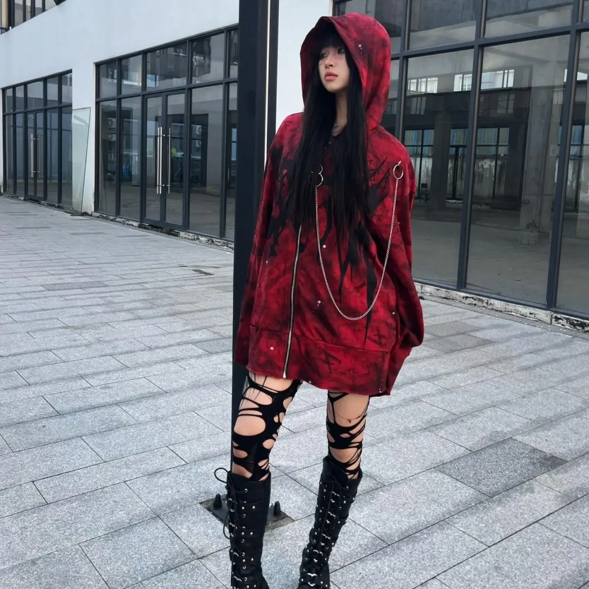 Plush Subculture Punk Rock Dark Hoodies Women Coat Black Red Oversized Hoodie Heavy Metal Gothic Zipper Sweatshirts Women Tops