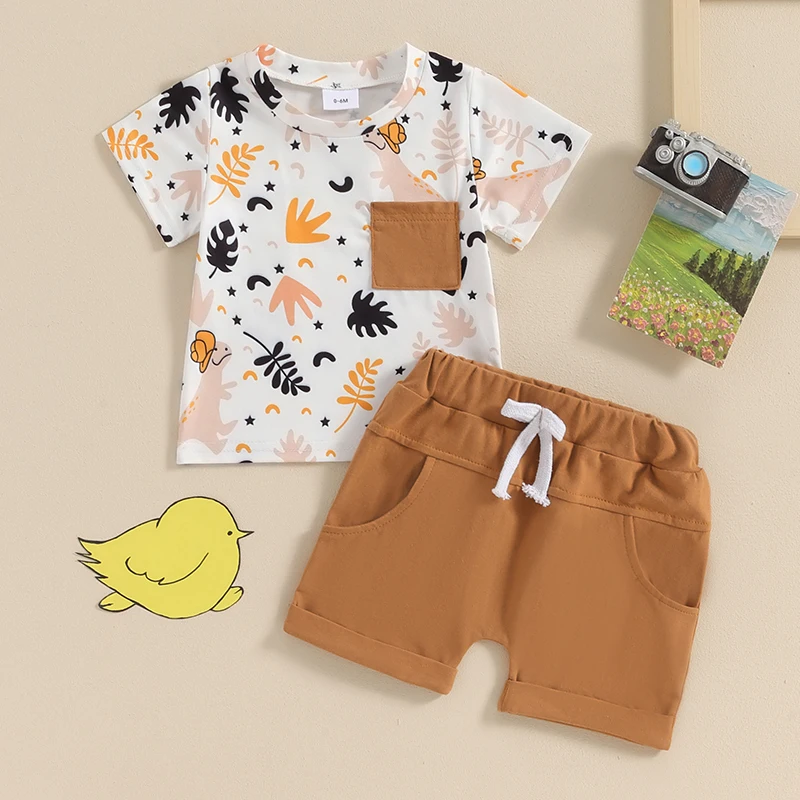 

2024-03-13 Lioraitiin 0-3Y Toddler Baby Boy Summer Outfits Short Sleeve Dinosaur Leaf Print T-Shirt + Pocket Shorts Clothes Set