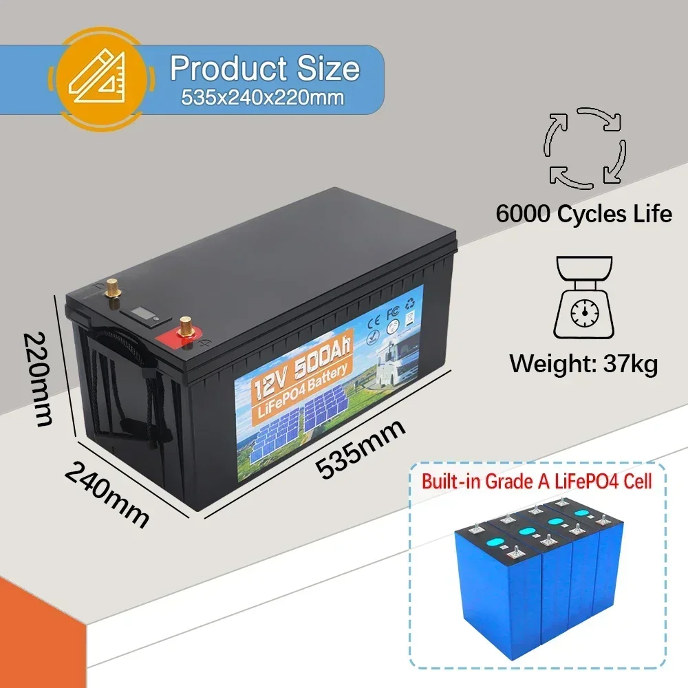 12V 500AH LiFePo4 Battery Built-in BMS Lithium Iron Phosphate Cells Pack For Replacing Most of Backup Power Home Energy Storage