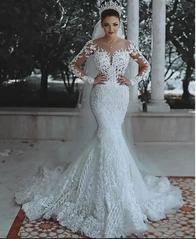

Customized Mermaid Wedding Dress Modern New Romantic Gorgeous Long Sleeve Beading Lace Princess Bridal Gown Custom Made Applique