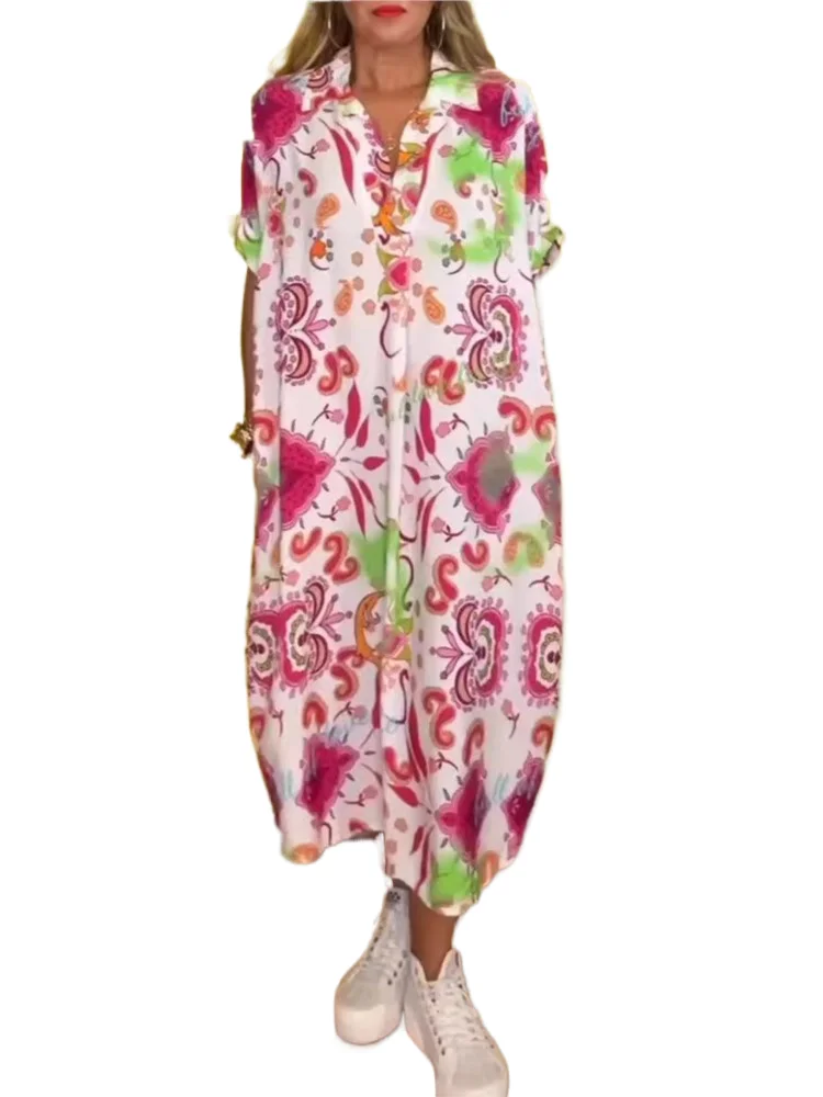 Abito da donna con stampa alla moda Abiti casual con scollo a V a maniche corte Abiti larghi per le donne Boho Holiday Beach Gonne Abbigliamento da donna Estate