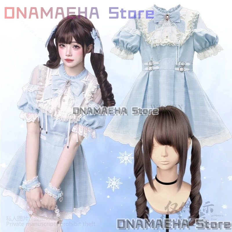 

Anime Japanese Jirai Kei Girl Cosplay Aqua Sweet Lolita Bow Lace Ruffles Off Shoulder Gothic Y2k Roleplay Halloween Party Outfit