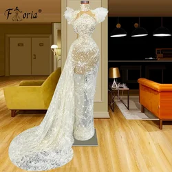 Elegant Dubai Mermaid Formal Evening Dresses Beads Lace Appliques Wedding Party Gowns Pearl Feathers Prom Dress Robe De Soiree