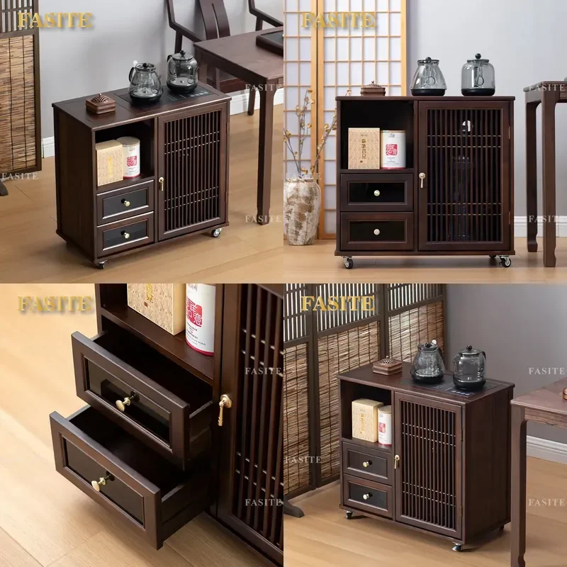 For Ebony Tea Cabinet Small Movable Household Side Table with Kettle Storage Integrated Design Compact Furniture for Living