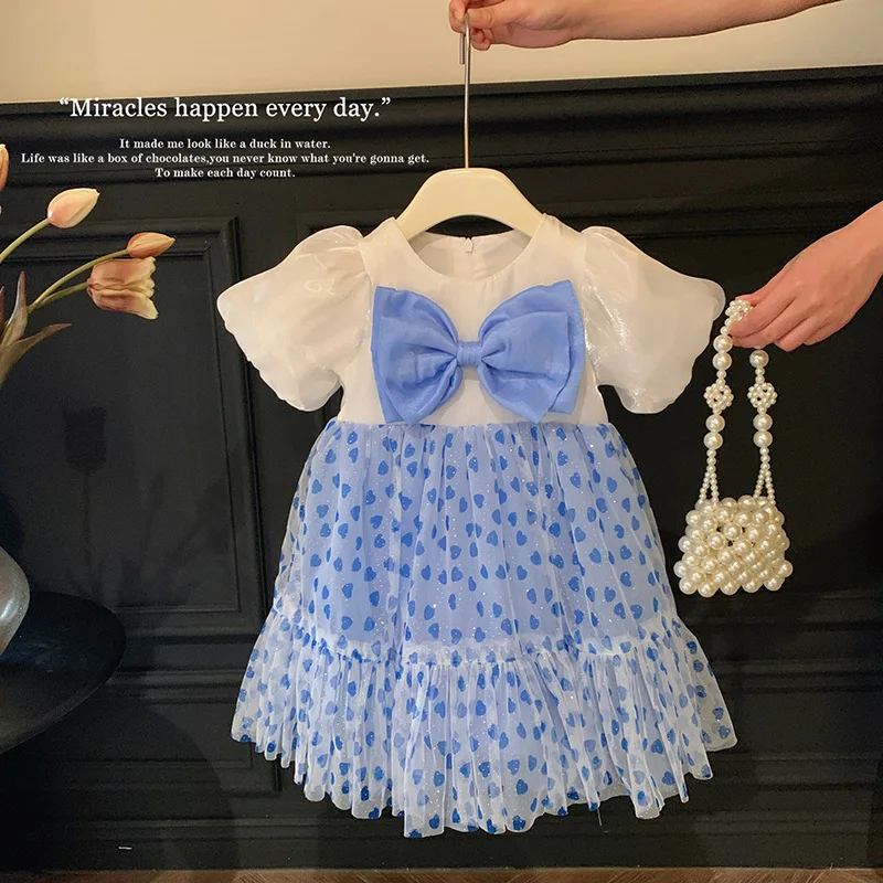 Girl's Princess Dress2024Summer New Children's Bubble Sleeve Sweet Fairy Mesh Swing Dress