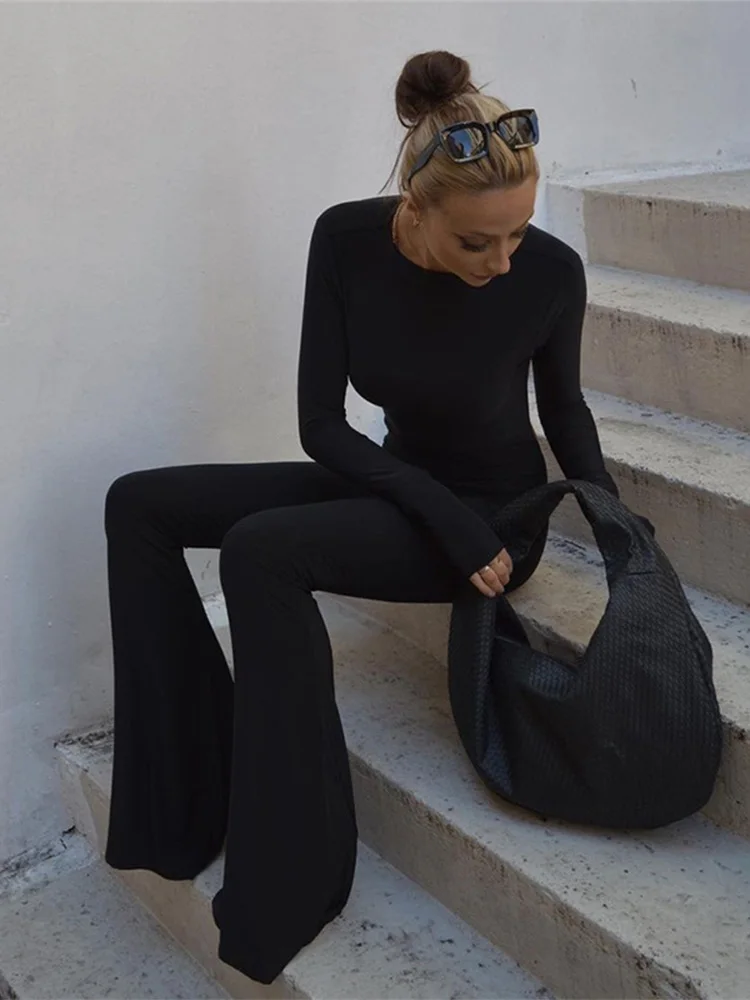 Solid Black Sexy Backless Bodycon Wide Leg Jumpsuit Women Autumn Casual Slim Long Sleeve O-Neck Playsuit Lady Streetwear