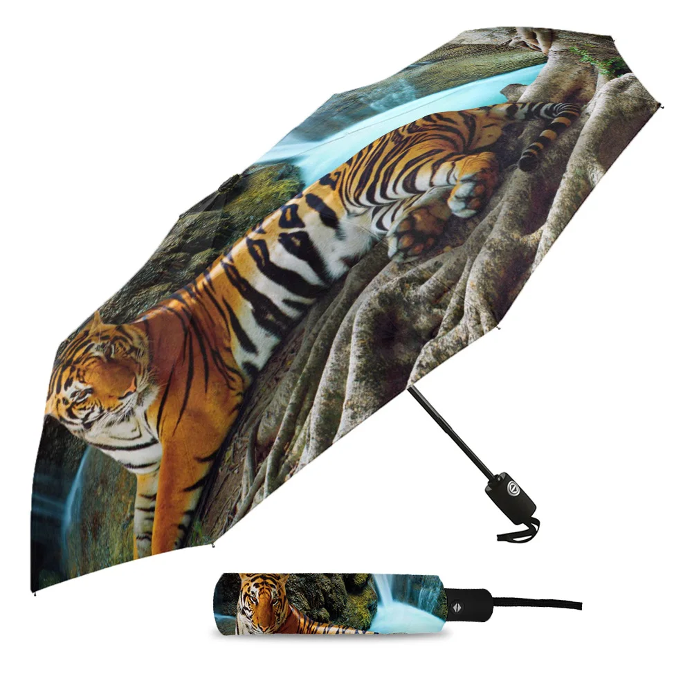 Forest Animal Tiger Automatic Umbrella Men Women Rain Windproof Outdoor Travel Sun Three Folding Umbrellas 8 Ribs Gift Parasol