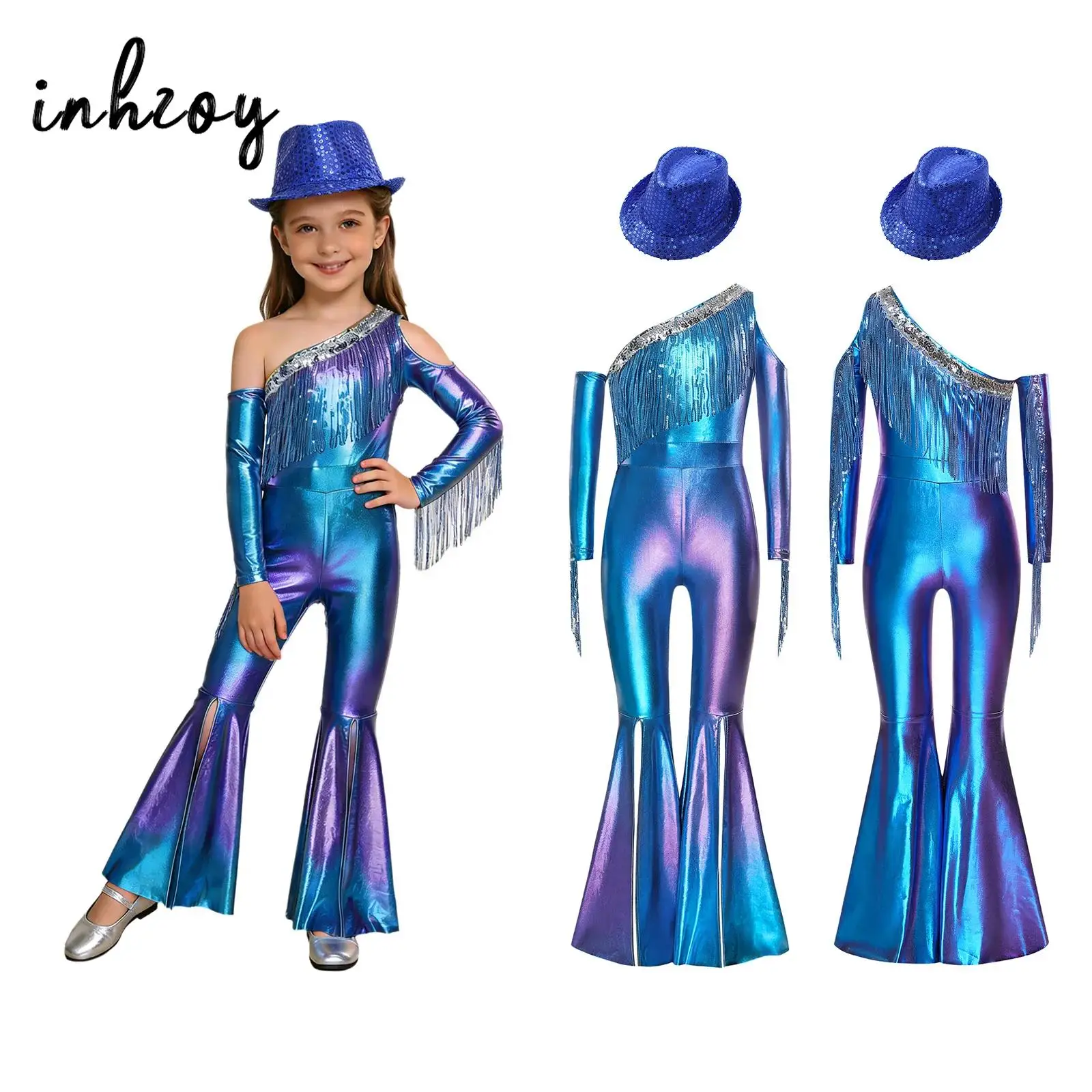 

Детский танцевальный костюм в стиле джаз, хип-хоп для девочек, блестящий металлический комбинезон для вечеринки, комбинезон с блестками и кисточками, расклешенный низ, комбинезон со шляпой