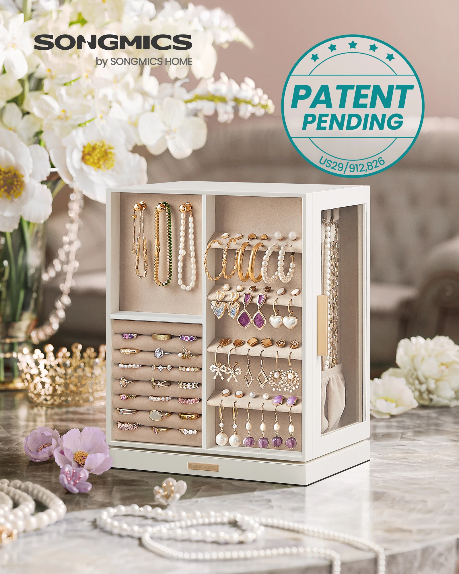 

Шкатулка для украшений SONGMICS 360 ° Вращающийся органайзер для украшений с 5 ящиками, стеклянным окном, вместительный, для хранения ювелирных изделий