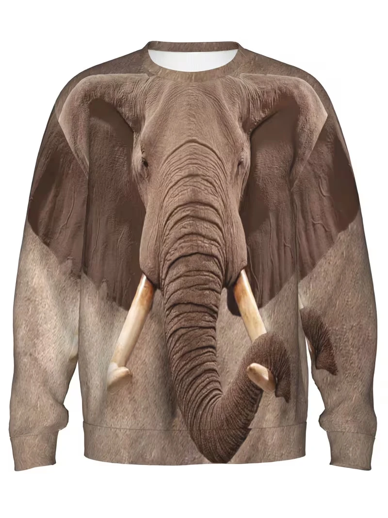 2026 New Retro Elephant Graphic Pullover Tops Fashion Crew Neck 3D Printed Spring Fall Sweatshirts Loose Streetwear Pullovers