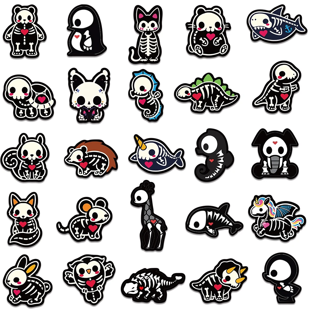 50pcs Black White Cartoon Animals Skeleton Skull Stickers Cute Horror Water Bottle Sticker Luggage Laptop Guitar Vinyl Decals