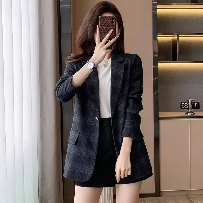 

Korean Plaid Occupation Blazer Jacket Women's Outwear Spring Autumn 2026 New All-Match Fashion Slim Design Sense Suit Tops